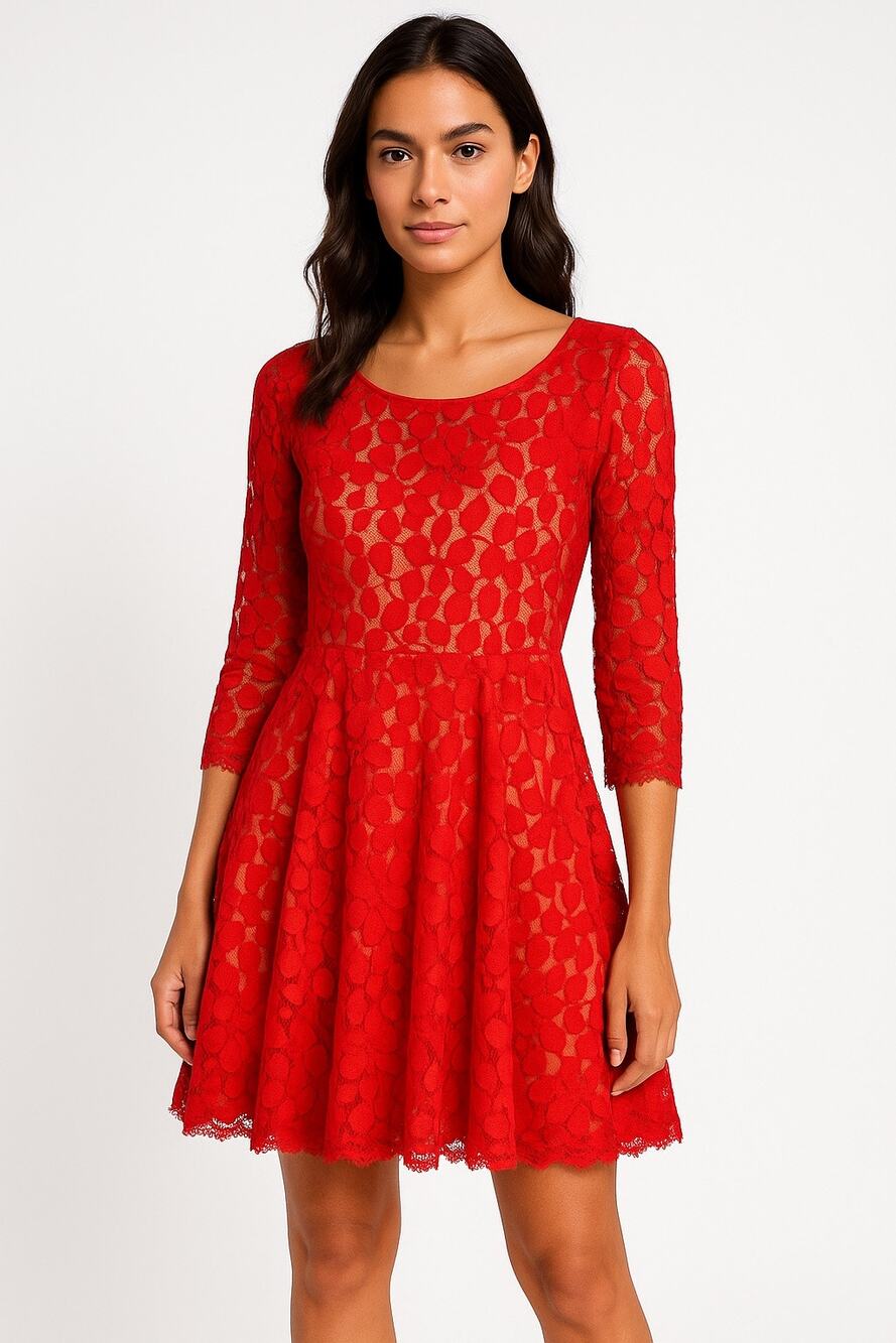 Free People Red Lace Fit & Flare Dress Women’s 12 Lined 3/4 Sleeve Holiday